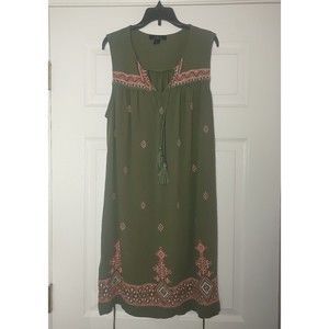 Kelly Renee Boho Mini Dress Size XL Sleeveless Split Neck Embroidered Green
